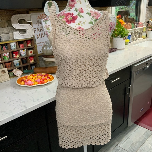Free People Womens XS Dress Crochet Dress Lace Boho Blouson Beige Lined Cami - Picture 2 of 14